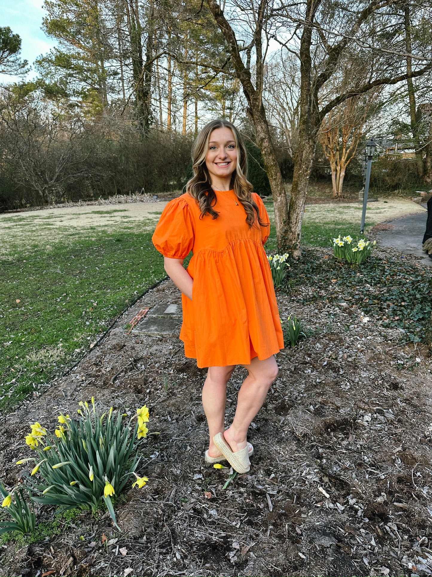 Orange Puff Sleeve Babydoll Dress