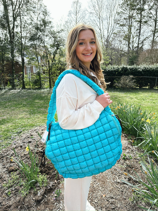 Blue Quilted Puffer Tote Bag