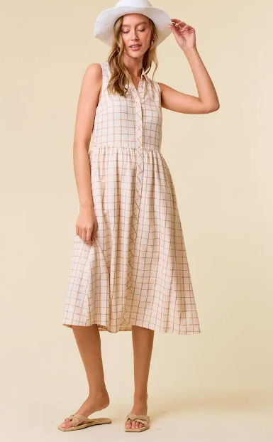 Sleeveless Windowpane Midi Shirt Dress