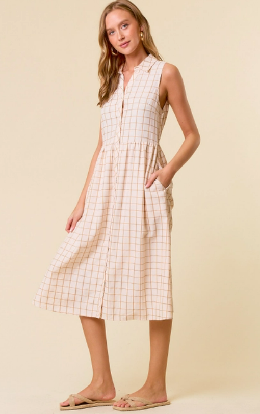 Sleeveless Windowpane Midi Shirt Dress