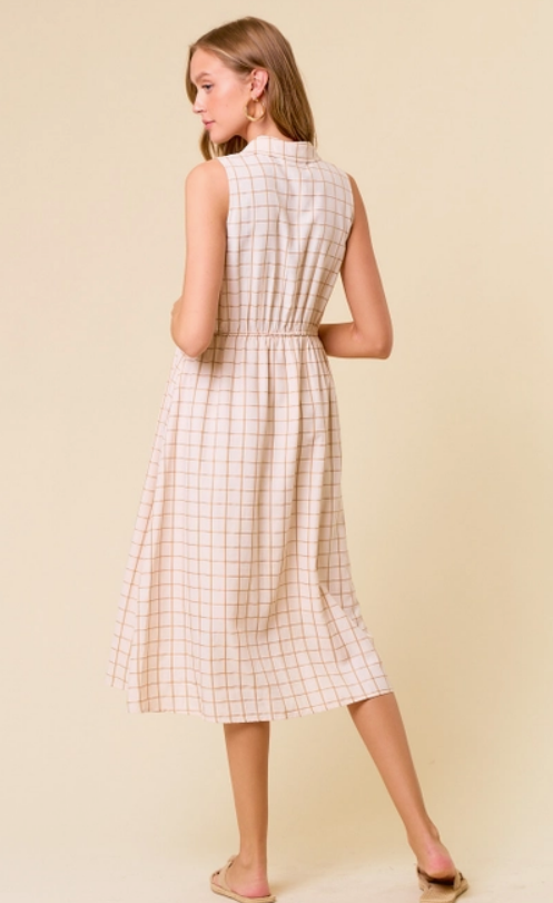 Sleeveless Windowpane Midi Shirt Dress