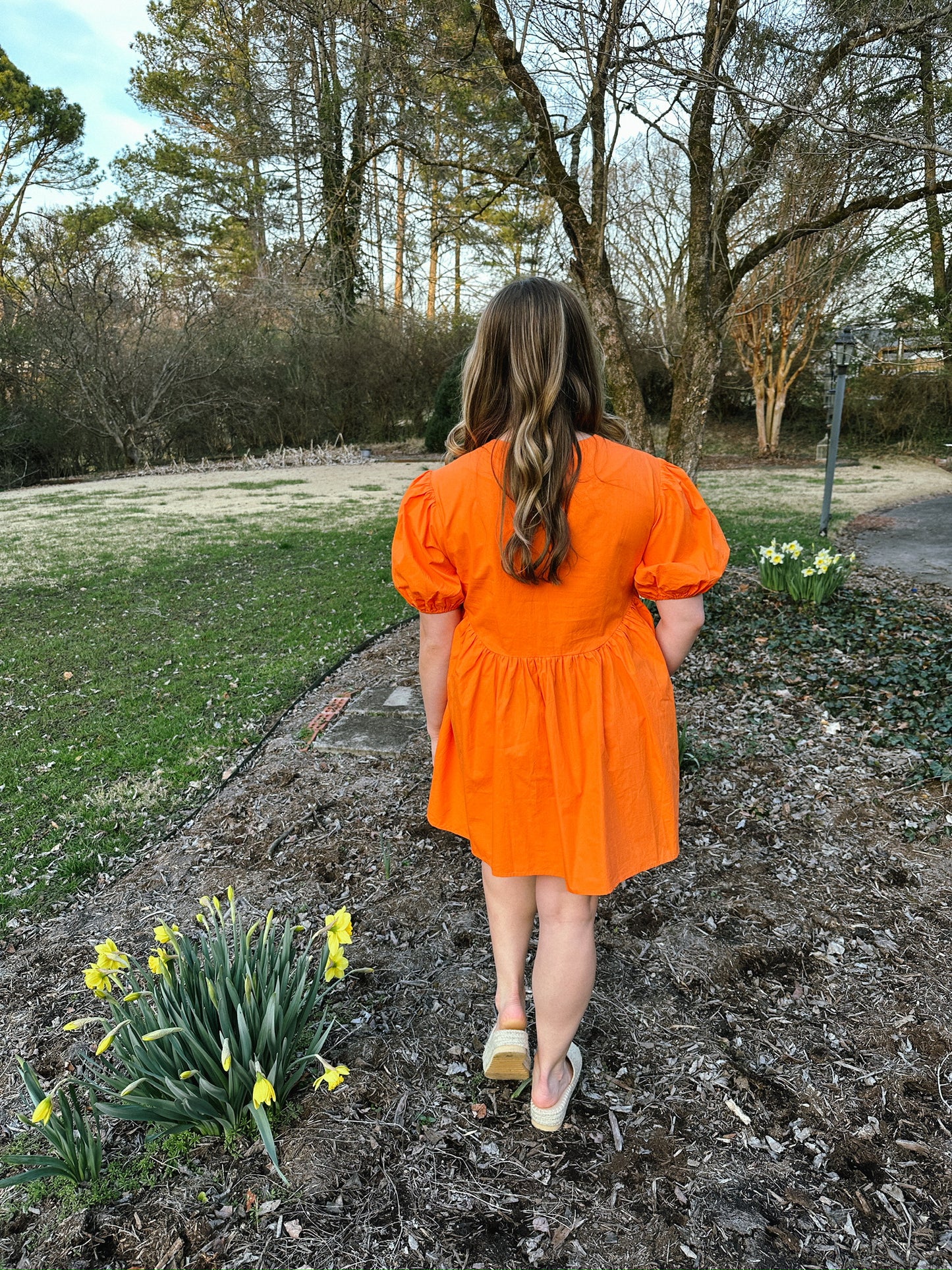 Orange Puff Sleeve Babydoll Dress