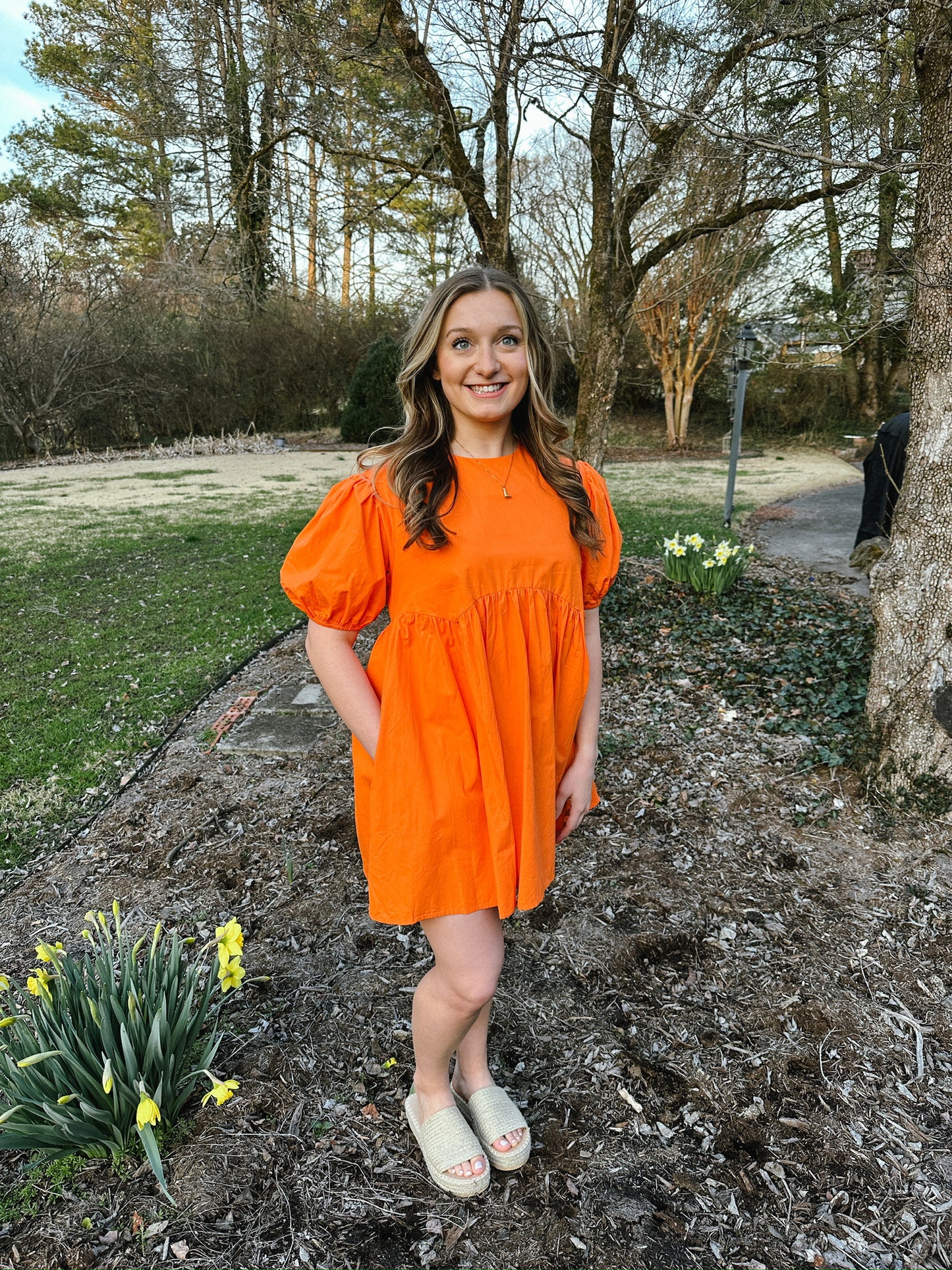 Orange Puff Sleeve Babydoll Dress