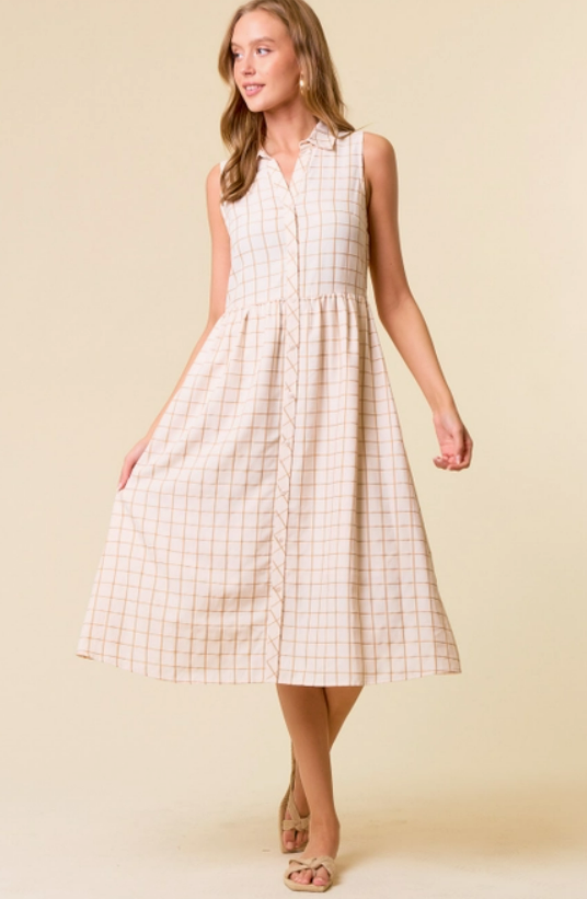 Sleeveless Windowpane Midi Shirt Dress