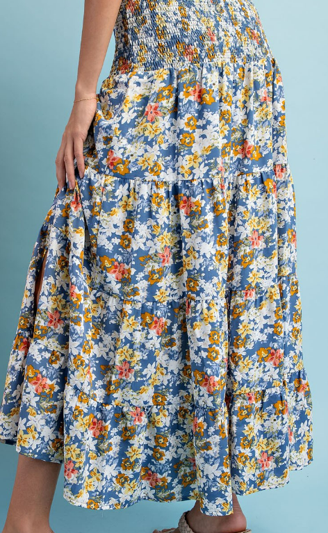 Blue Floral Midi Skirt